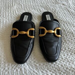 Steve Madden Black Leather Mules with Gold Detail